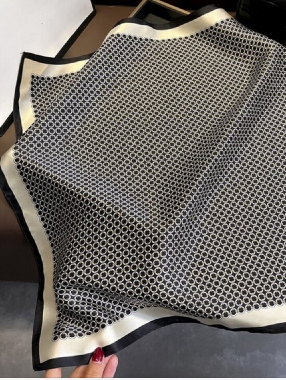 Silk-feel Black and Cream Geometric  Scarf Head & Neck Scarf
